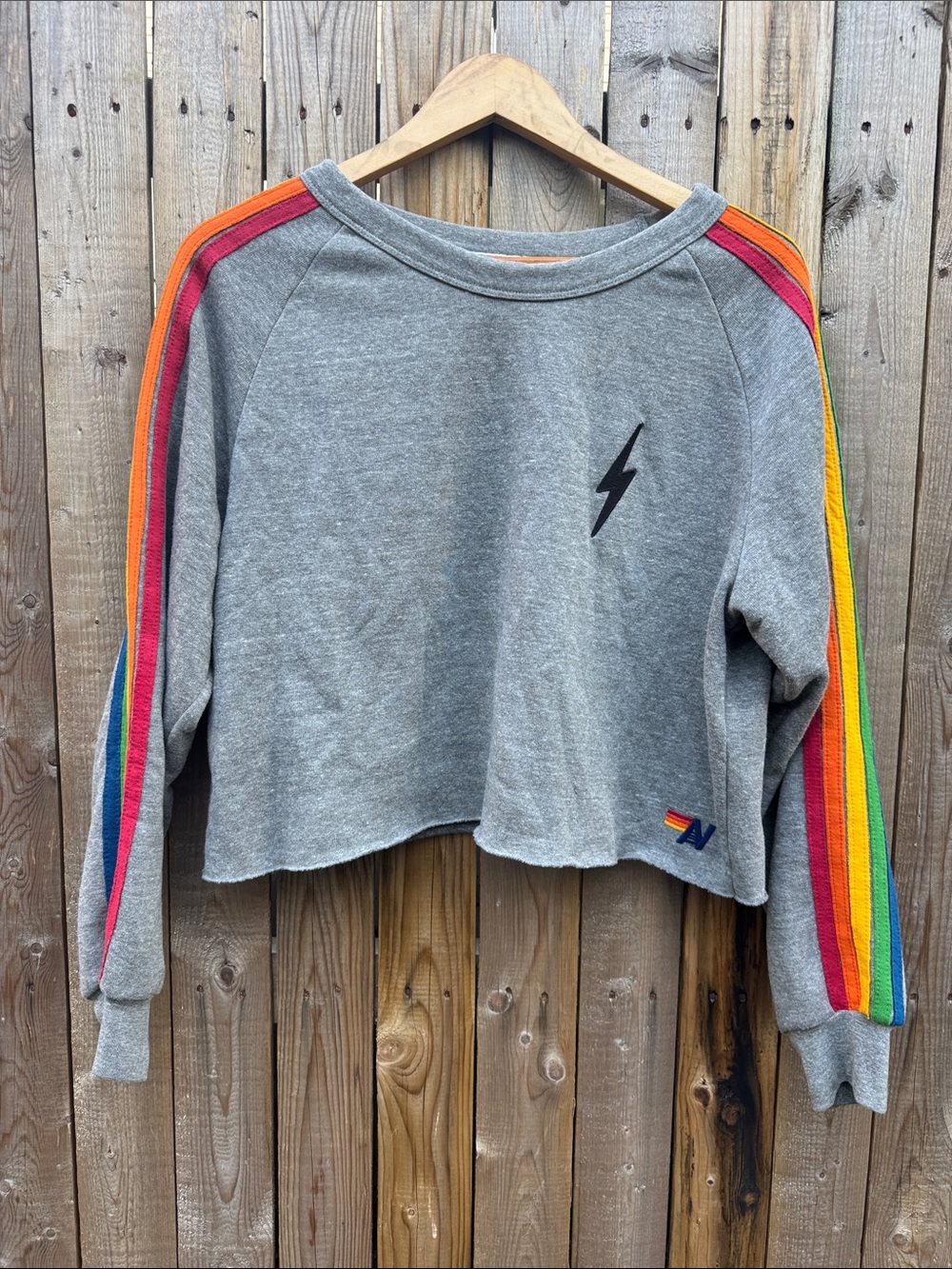 Aviator Nation Grey Cropped Crewneck with Rainbow Sleeve Stripes